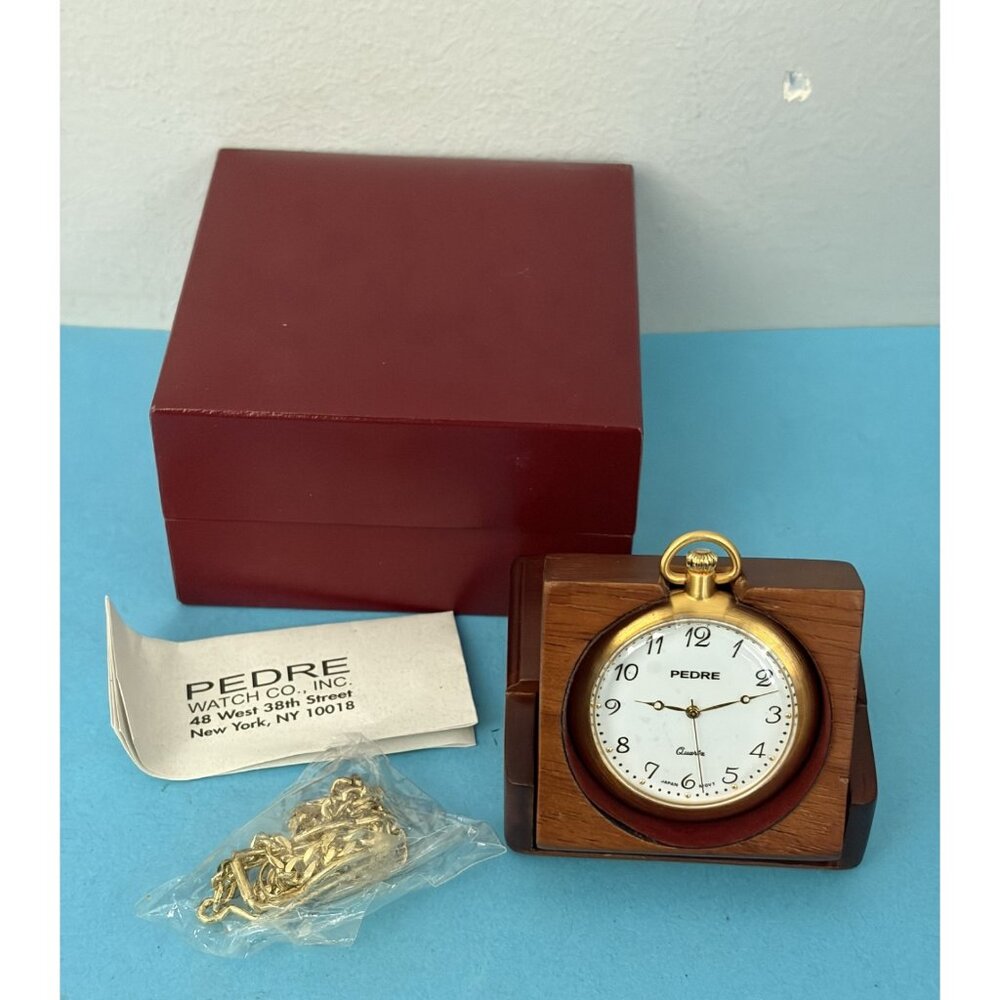 Vintage Pedre Pocket Watch quartz in presentation wood box w chain gold tone